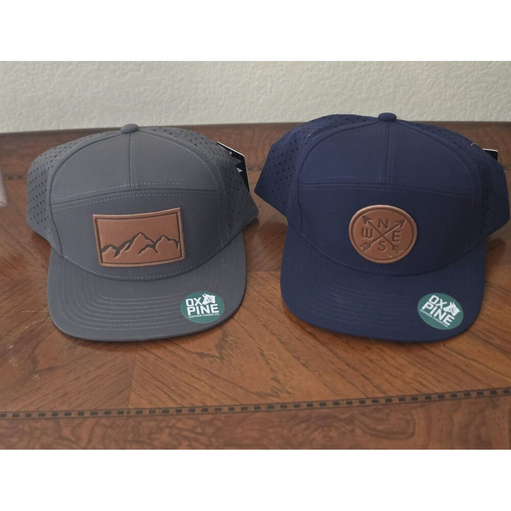Leather Patch Flat Bill 7 Panel Trucker Hat Mountains And Compass Rose Stamp
